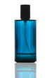 Blue perfume bottle with reflection on white background
