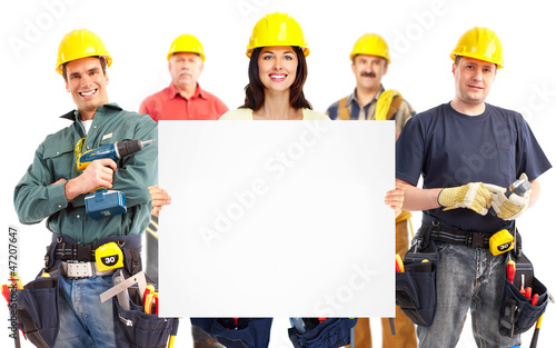 Photo: Contractor woman and group of industrial workers. Contractor woman and group of industrial workers.