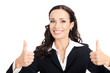Businesswoman with thumbs up, on white