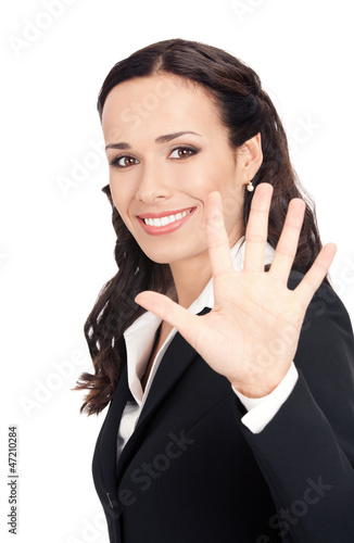 Photo: Businesswoman showing five fingers, on white Businesswoman showing five fingers, on white