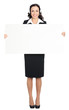 Businesswoman showing blank signboard, isolated