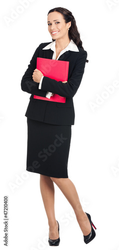 Photo: Businesswoman with red folder, isolated Businesswoman with red folder, isolated