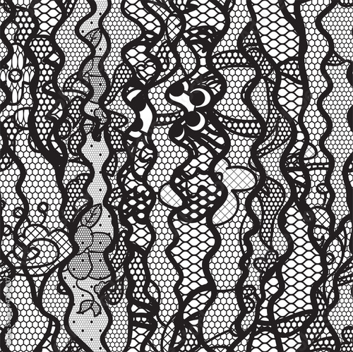 Vector: Black lace vector fabric seamless pattern with lines and waves Black lace vector fabric seamless pattern with lines and waves