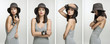 A collage of young woman in a grey dress and a hat