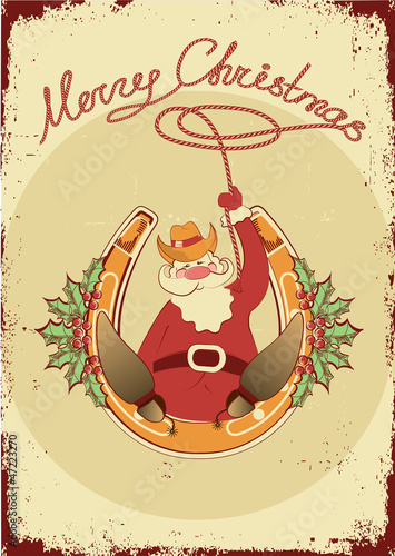 Illustration: Santa sit on horseshoe with cowboy lasso on vintage poster Santa sit on horseshoe with cowboy lasso on vintage poster