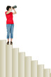 Woman standing on stairs and looking through the binoculars
