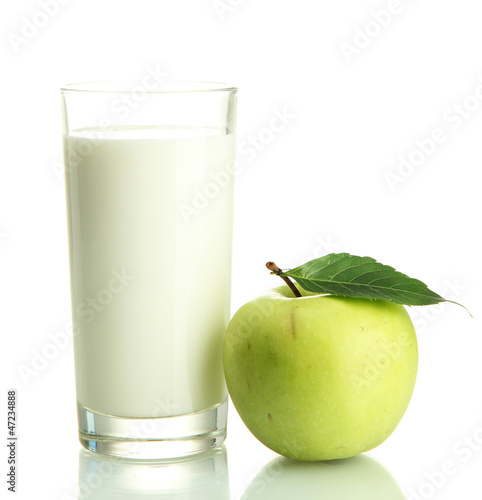 Photo: Glass of kefir and green apple, isolated on white Glass of kefir and green apple, isolated on white