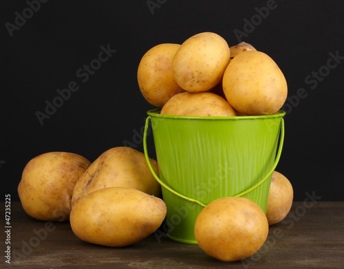 Photo: Ripe potatoes in pail on wooden table on black background Ripe potatoes in pail on wooden table on black background