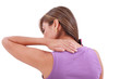 Back view of sport woman with pain in her neck. Isolated