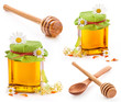 Honey dipper and Honey in glass jar isolated on white