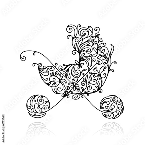 Vector: Baby pram with floral decoration for your design Baby pram with floral decoration for your design