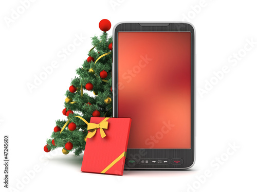 Illustration: Christmas tree, gift and cell phone Christmas tree, gift and cell phone