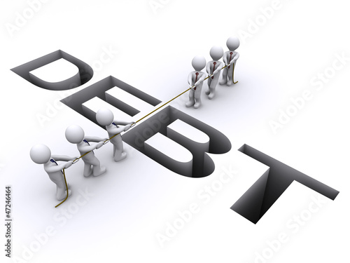 Illustration: Two teams fight each other by pulling rope over a debt gap Two teams fight each other by pulling rope over a debt gap