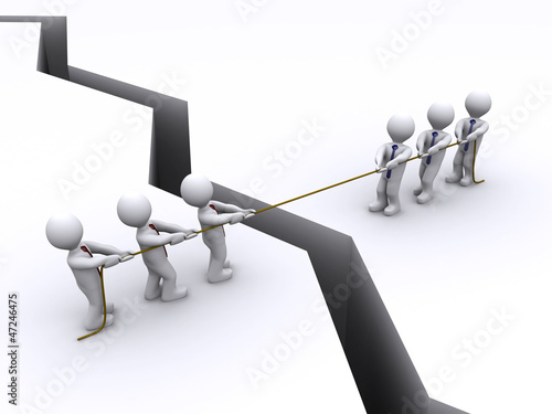 Illustration: Two teams fight each other by pulling rope over a crack Two teams fight each other by pulling rope over a crack