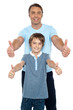 Handsome father and son showing thumbs up to camera