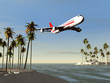 Avión volando sobre una costa tropical