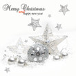 Silver Christmas bauble and stars  on white background