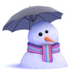 Snowman is melting in the rain with his umbrella