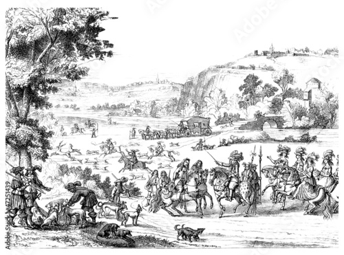Illustration: French King Louis XIV - Hunting - 17th century French King Louis XIV - Hunting - 17th century