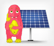 Vector: Funny Monster. Thinking about Solar Energy. Funny Monster. Thinking about Solar Energy.