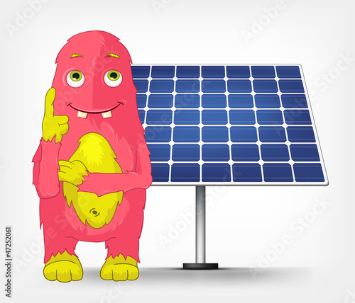 Vector: Funny Monster. Thinking about Solar Energy. Funny Monster. Thinking about Solar Energy.