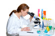 chemical laboratory scientist woman looking microscope