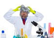 Crazy mad nerd scientist funny expression at lab