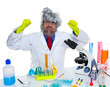 Crazy mad nerd scientist funny expression at lab