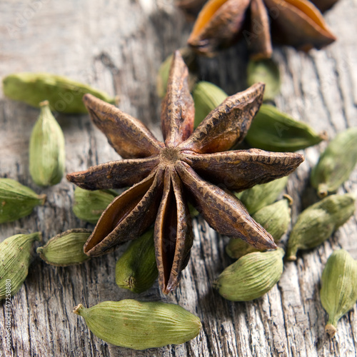 Photo: Spices. Anise stars, cardamom Spices. Anise stars, cardamom