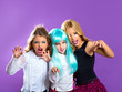 children group of fashiondoll scaring girls on purple