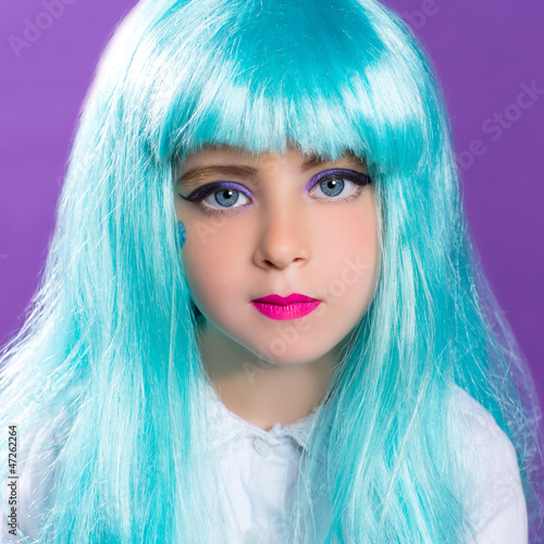 Photo: Children girl with blue truquoise long wig as fashiondoll Children girl with blue truquoise long wig as fashiondoll