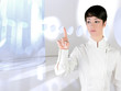 Futuristic woman touch finger copyspace