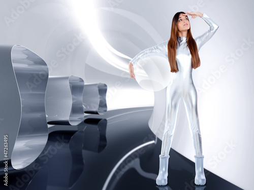 Photo: Astronaut futuristic silver woman glass helmet Astronaut futuristic silver woman glass helmet