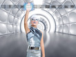 futuristic kid girl in silver touching finger icons