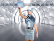 futuristic kid girl in silver touching finger icons