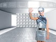 futuristic children girl touch finger copyspace screen