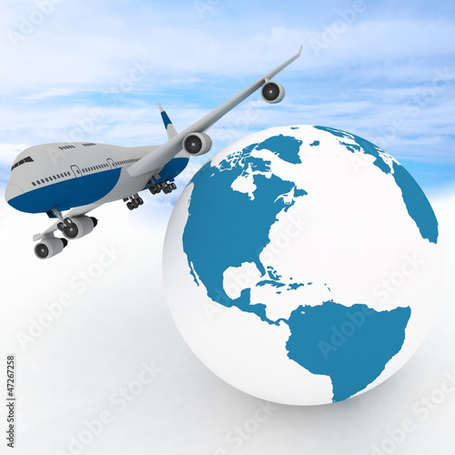 Illustration: airliner with globe in the sky background airliner with globe in the sky background