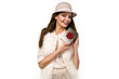christmas picture of elegant woman holding a present
