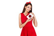 christmas picture of elegant woman holding a present