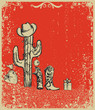 Illustration: Christmas card with cowboy boots and cactus on old grunge paper Christmas card with cowboy boots and cactus on old grunge paper