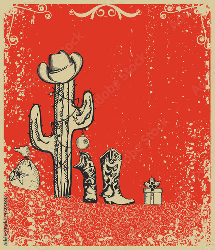 Illustration: Christmas card with cowboy boots and cactus on old grunge paper Christmas card with cowboy boots and cactus on old grunge paper