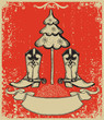 Grunge red christmas card with cowboy boots and fir-tree on old