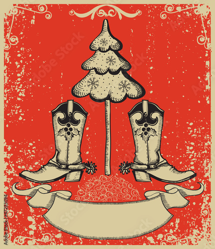 Illustration: Grunge red christmas card with cowboy boots and fir-tree on old Grunge red christmas card with cowboy boots and fir-tree on old
