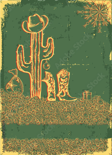 Illustration: Vintage cowboy christmas card with holiday elements and decorati Vintage cowboy christmas card with holiday elements and decorati