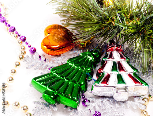 Photo: New year background with colorful decorative furtree New year background with colorful decorative furtree