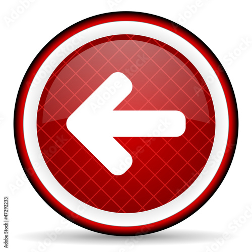 Illustration: arrow left red glossy icon on white background arrow left red glossy icon on white background