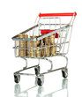 shopping trolley with Ukrainian coins, isolated on white