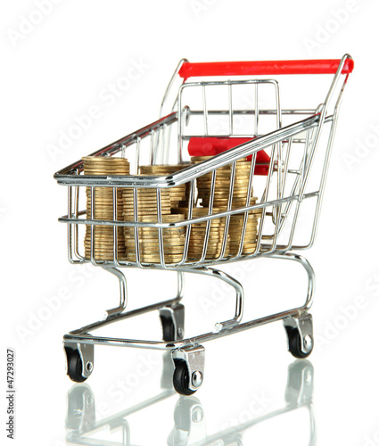 Photo: shopping trolley with Ukrainian coins, isolated on white shopping trolley with Ukrainian coins, isolated on white