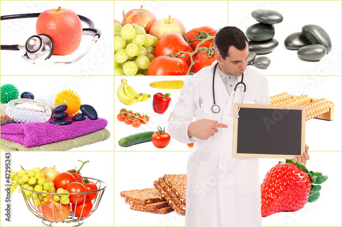 Photo: Doctor with empty sign and Collage - healthy living Doctor with empty sign and Collage - healthy living