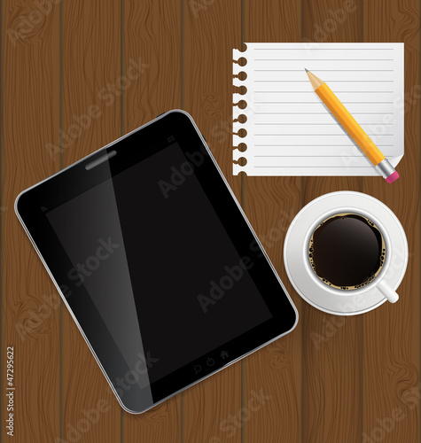 Vector: Abstract design tablet, coffee, pencil, blank page on boards Bac Abstract design tablet, coffee, pencil, blank page on boards Bac